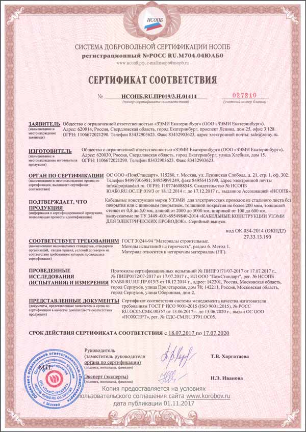 Сертификат пожарной безопасности класс НГ